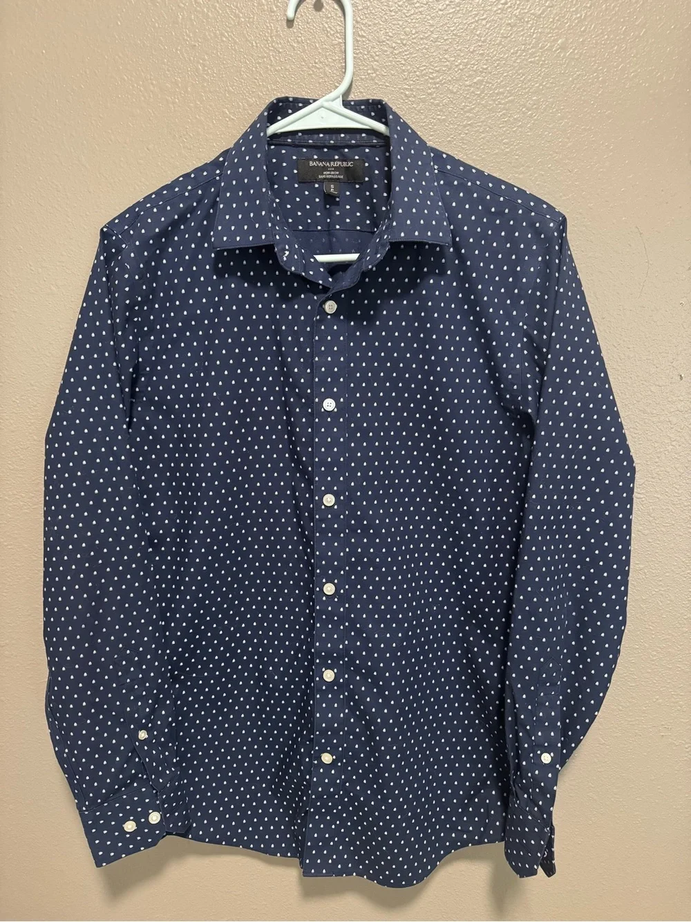 Banana Republic Navy Button-Down Shirt with White Micro-Dot Pattern